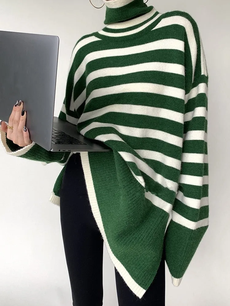 2023 New Knitted Sweater For Women Striped Turtleneck Knitwear Sweater Dresses