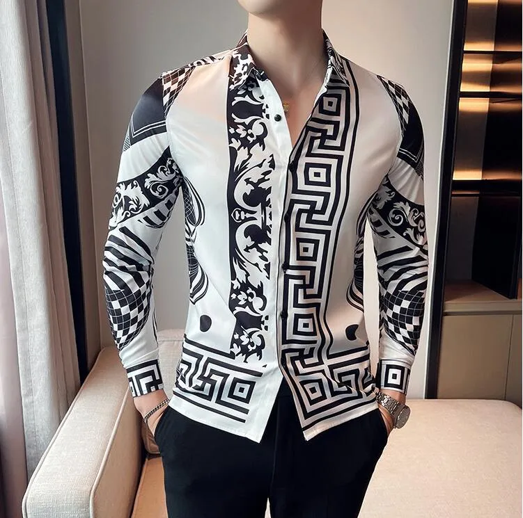 47-54kg Men's White Luxury Print Clothing Designer Long Sleeve Shirt