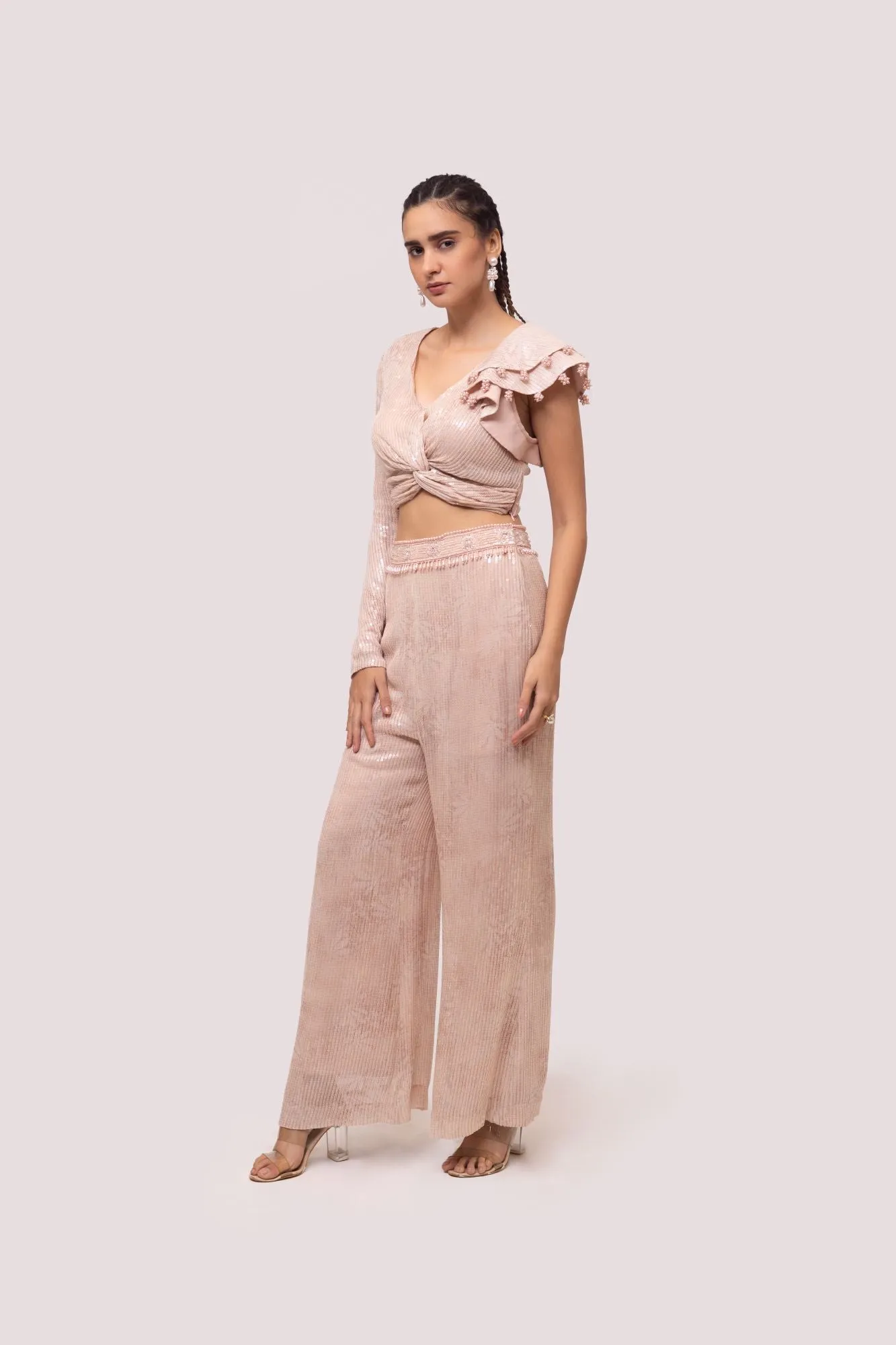 50Z970-RO Peach Contemporary Sequinned Co-Ord Set