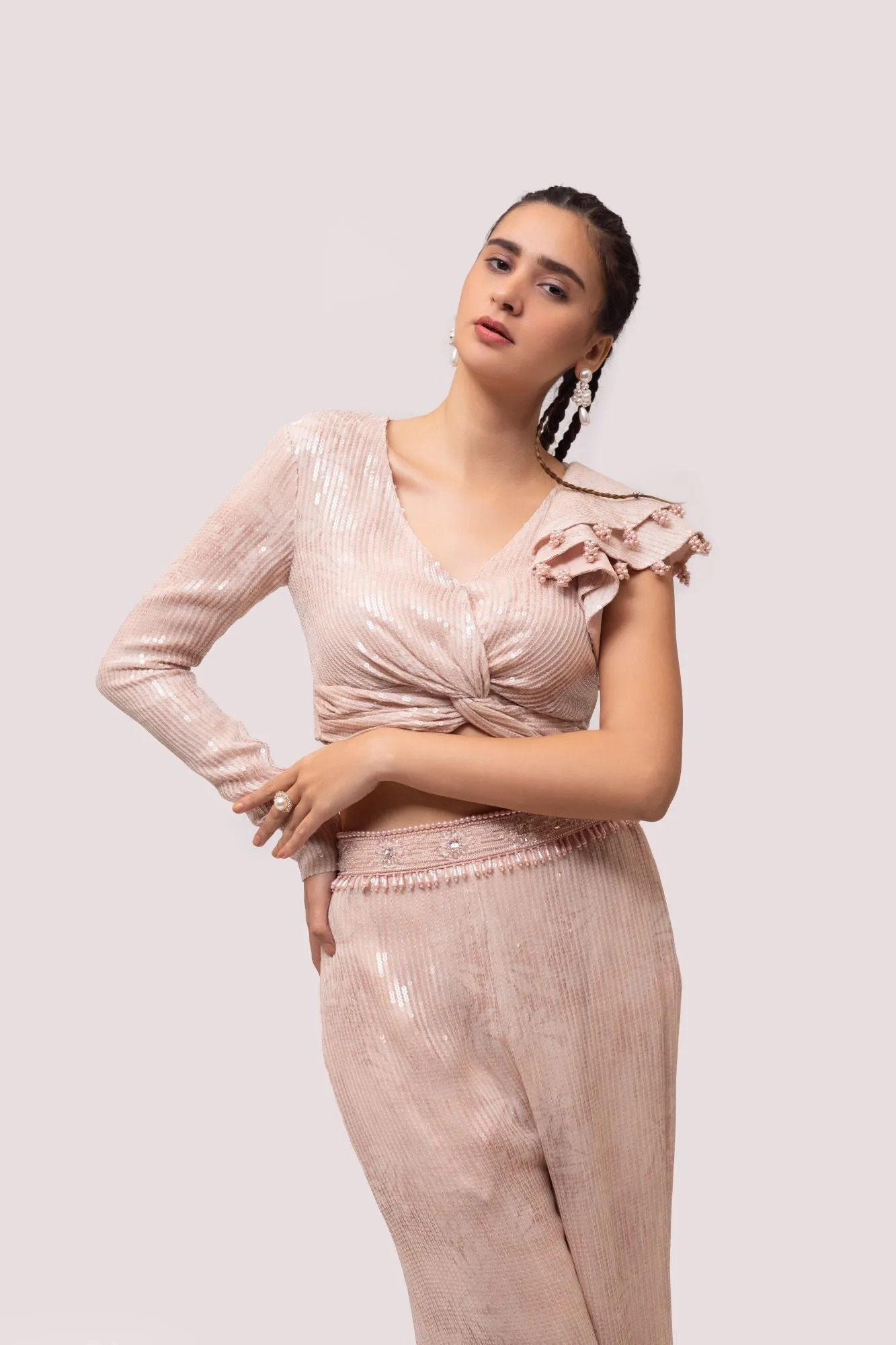 50Z970-RO Peach Contemporary Sequinned Co-Ord Set