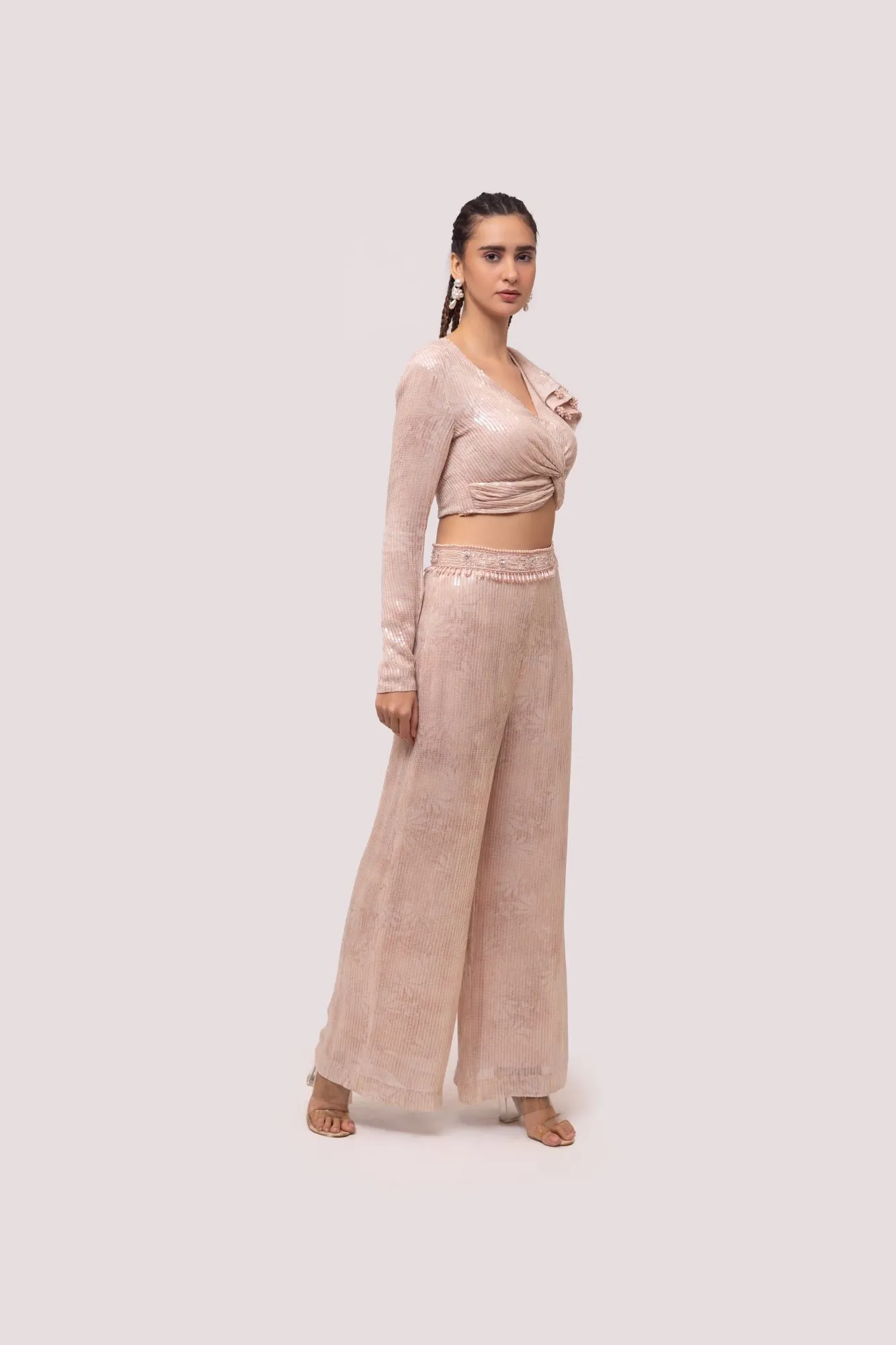 50Z970-RO Peach Contemporary Sequinned Co-Ord Set