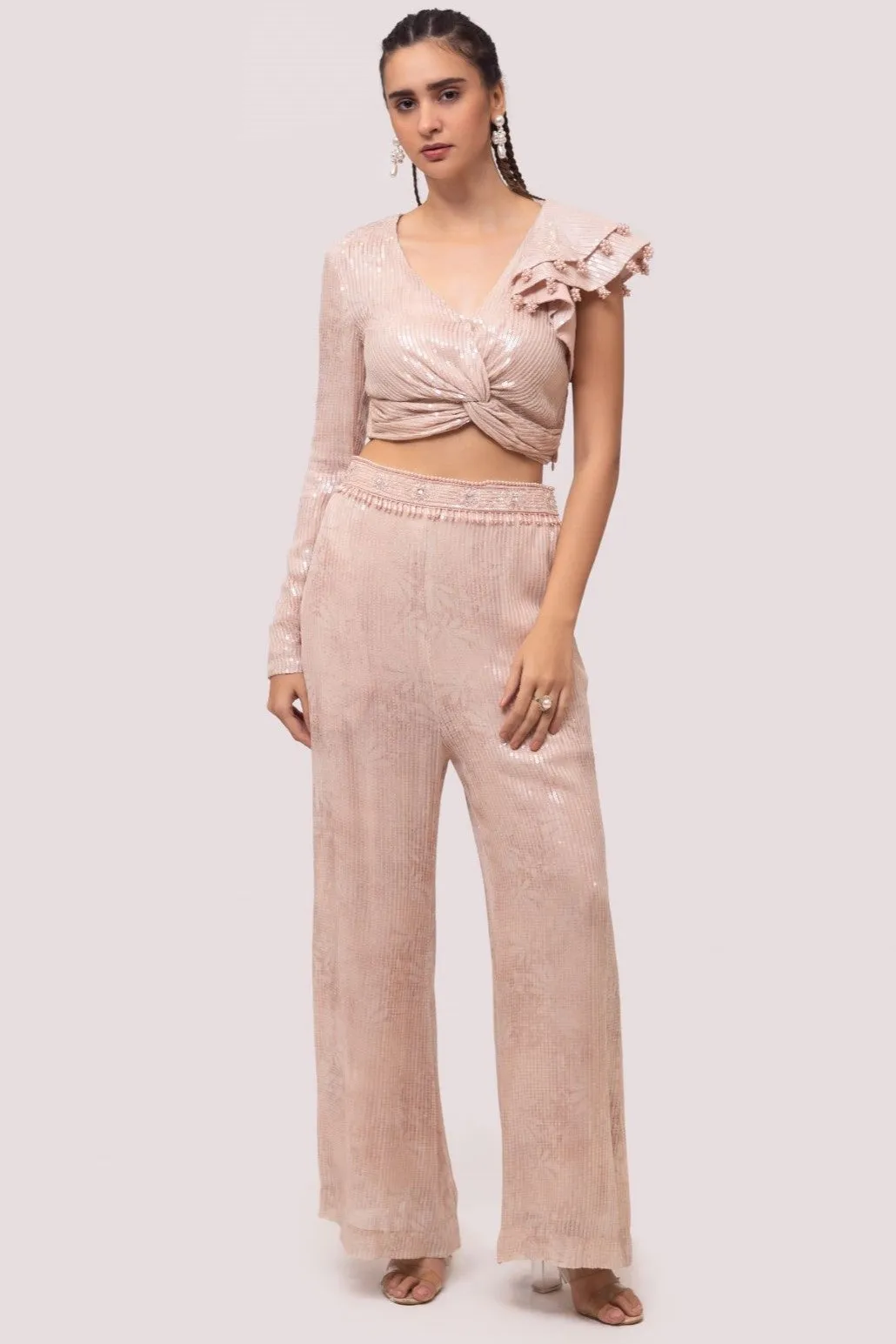 50Z970-RO Peach Contemporary Sequinned Co-Ord Set