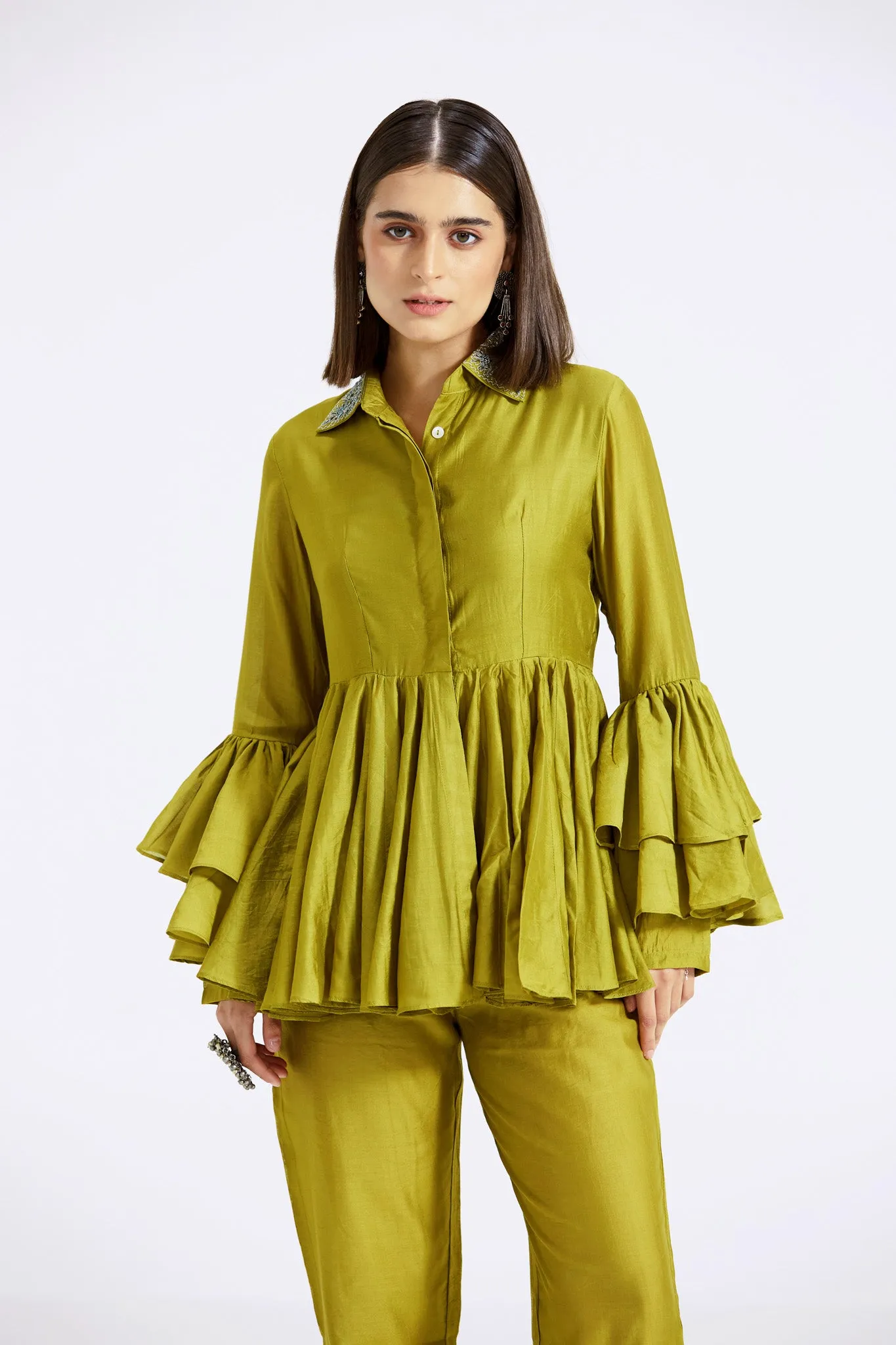 51Z019-RO Olive Green Chanderi Contemporary Co-Ord Set