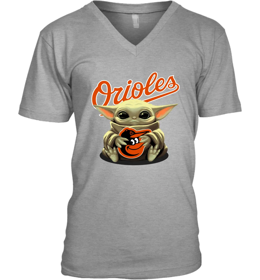 Baby Yoda Hugs Loves The Baltimore Orioles Baseball Mens V-Neck T-Shirt