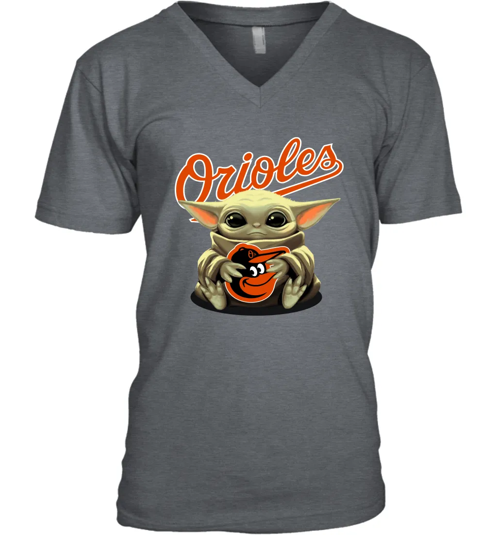 Baby Yoda Hugs Loves The Baltimore Orioles Baseball Mens V-Neck T-Shirt