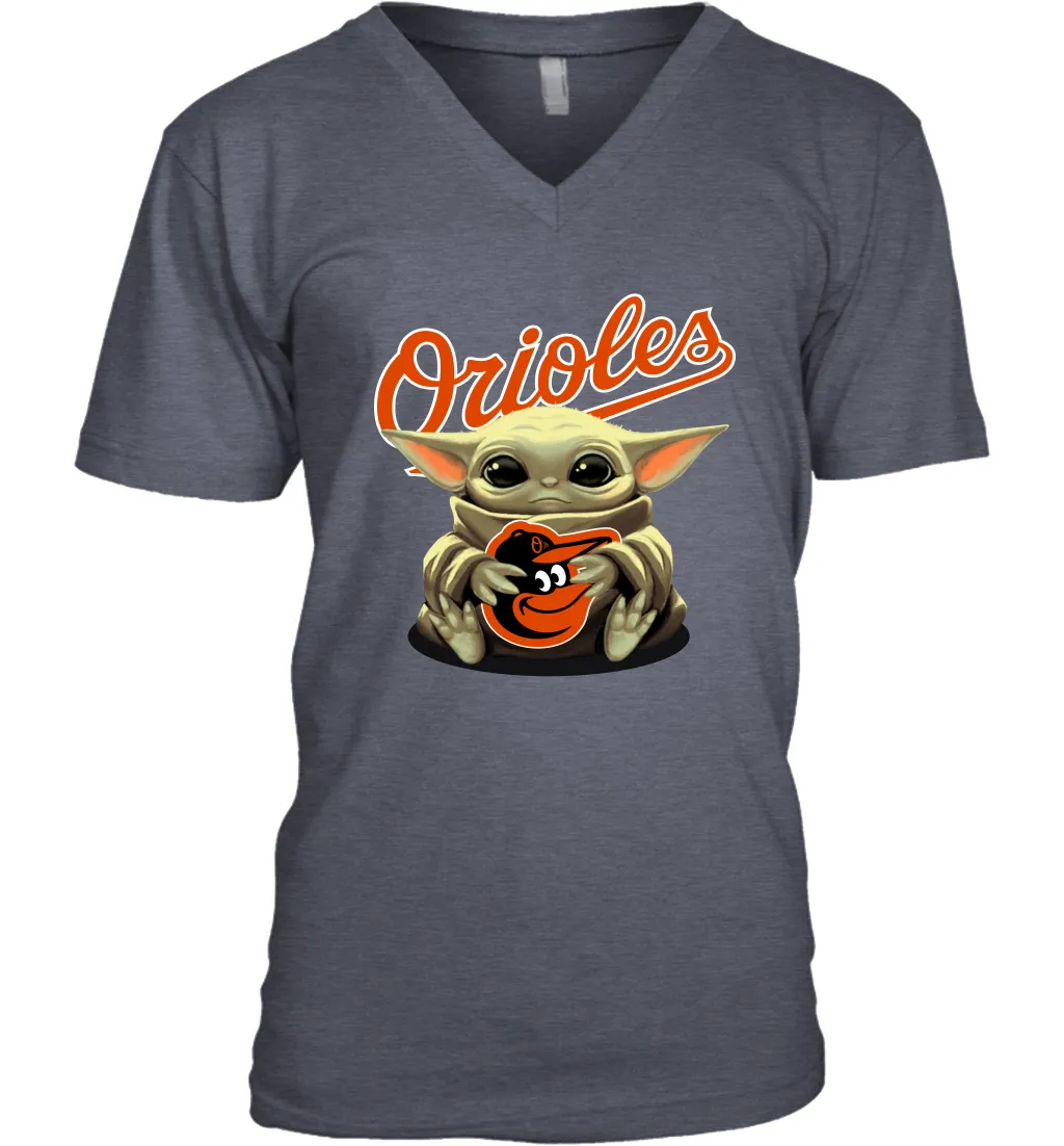 Baby Yoda Hugs Loves The Baltimore Orioles Baseball Mens V-Neck T-Shirt