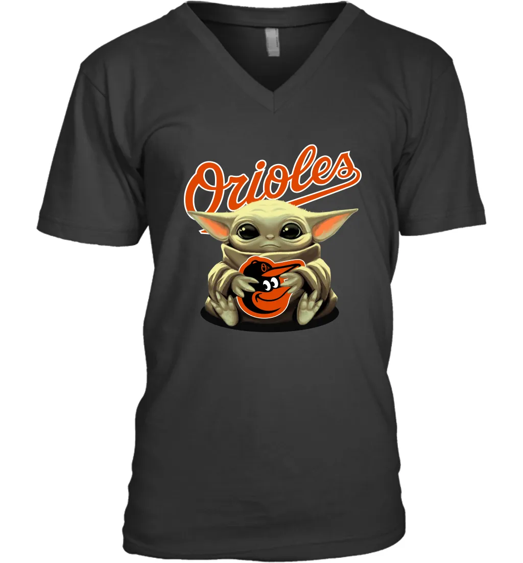 Baby Yoda Hugs Loves The Baltimore Orioles Baseball Mens V-Neck T-Shirt