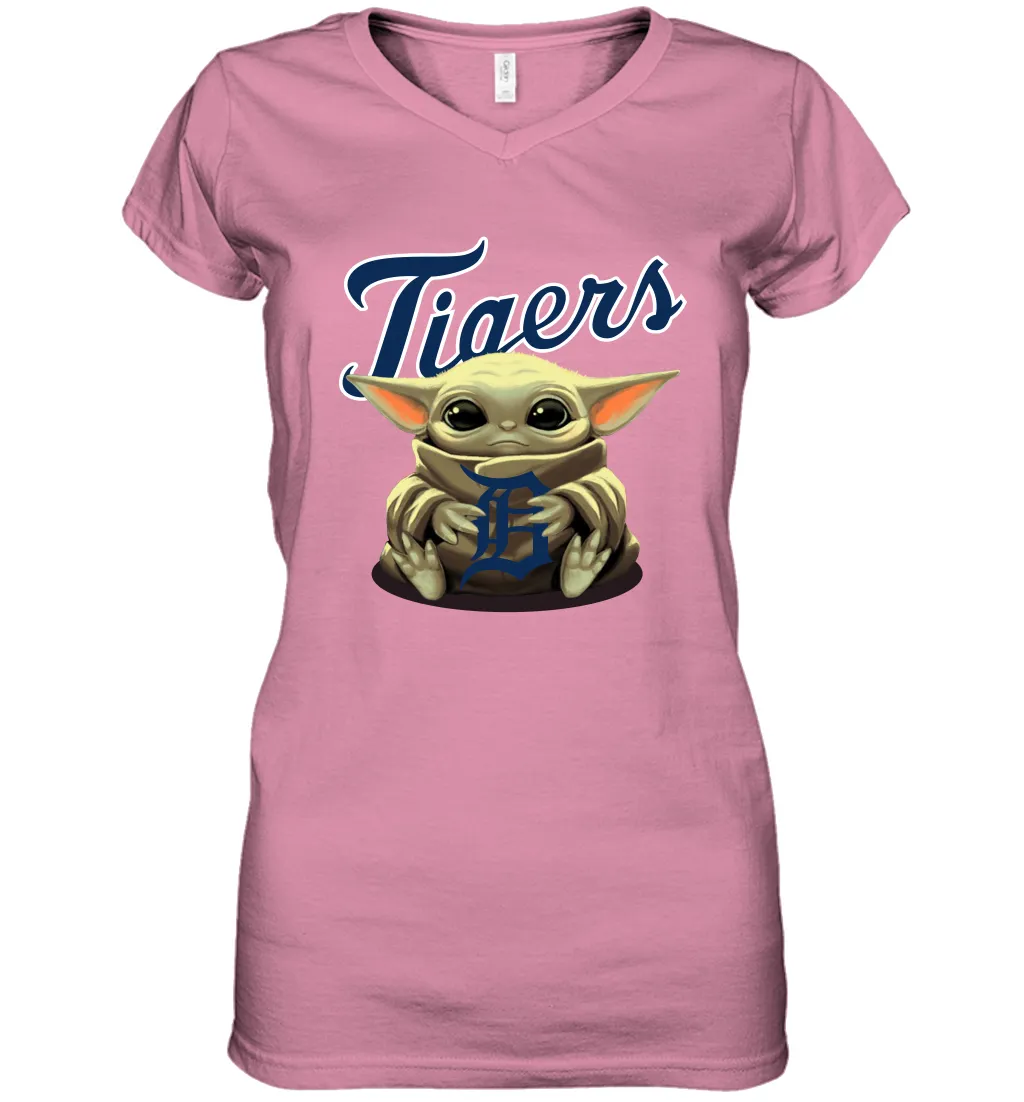 Baby Yoda Hugs Loves The Detroit Tigers Baseball Womens V-Neck T-Shirt