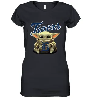 Baby Yoda Hugs Loves The Detroit Tigers Baseball Womens V-Neck T-Shirt