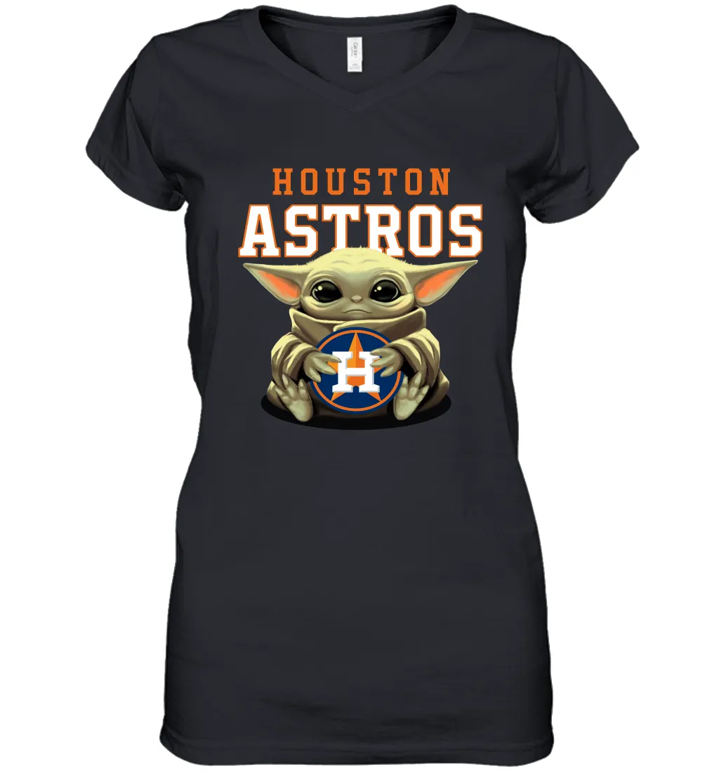 Baby Yoda Hugs Loves The Houston Astros Baseball Womens V-Neck T-Shirt