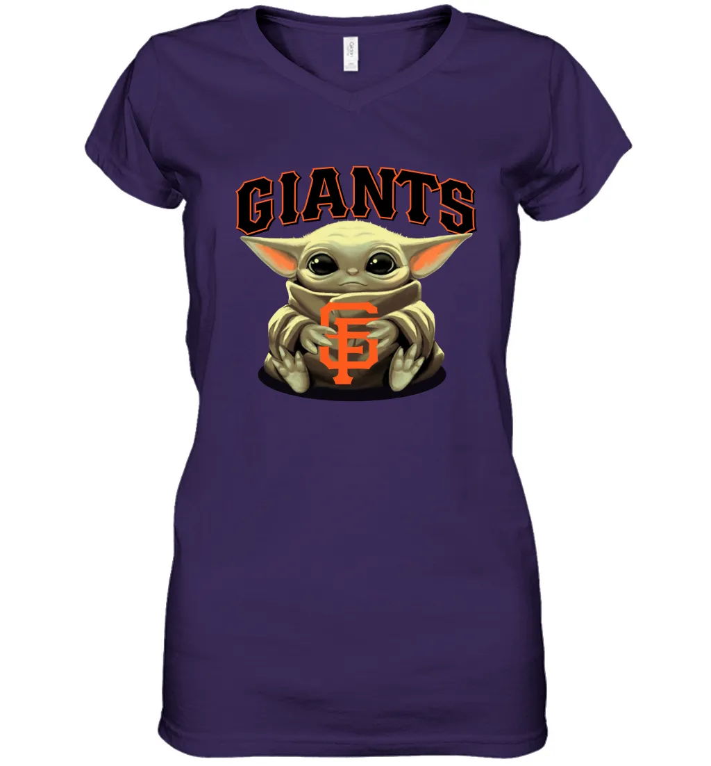 Baby Yoda Hugs Loves The San Francisco GiantsBaseball Womens V-Neck T-Shirt