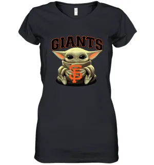 Baby Yoda Hugs Loves The San Francisco GiantsBaseball Womens V-Neck T-Shirt