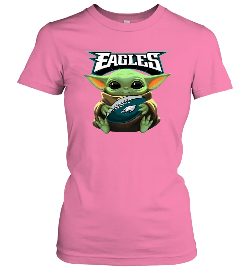 Baby Yoda Loves The Philadelphia Eagles Star Wars Baby Yoda Hugs Eagles NFL Womens T-Shirt