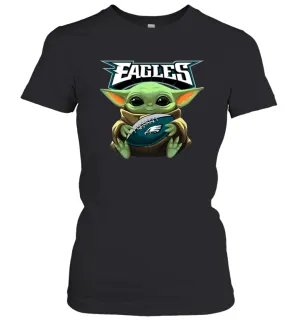 Baby Yoda Loves The Philadelphia Eagles Star Wars Baby Yoda Hugs Eagles NFL Womens T-Shirt