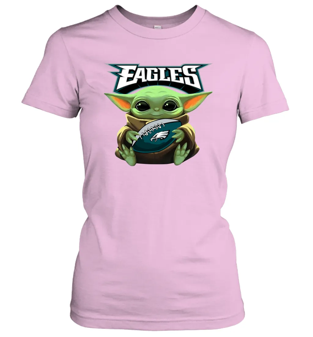 Baby Yoda Loves The Philadelphia Eagles Star Wars Baby Yoda Hugs Eagles NFL Womens T-Shirt