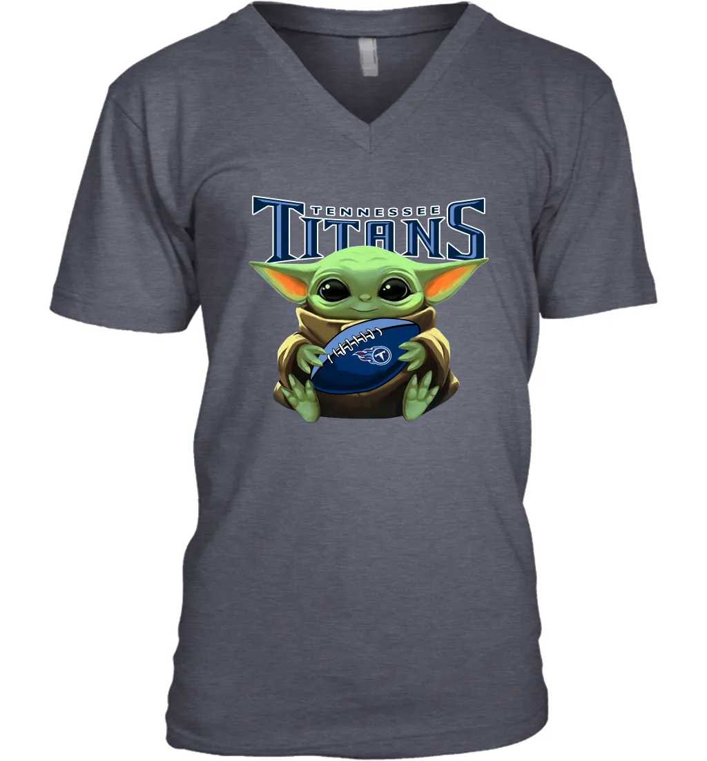 Baby Yoda Loves The Tennessee Titans Star Wars Baby Yoda Hugs Titans NFL Mens V-Neck T-Shirt