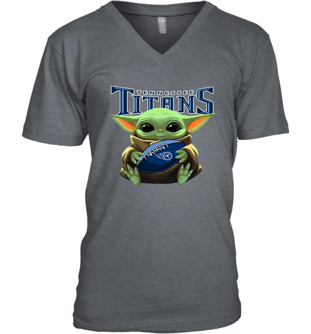 Baby Yoda Loves The Tennessee Titans Star Wars Baby Yoda Hugs Titans NFL Mens V-Neck T-Shirt