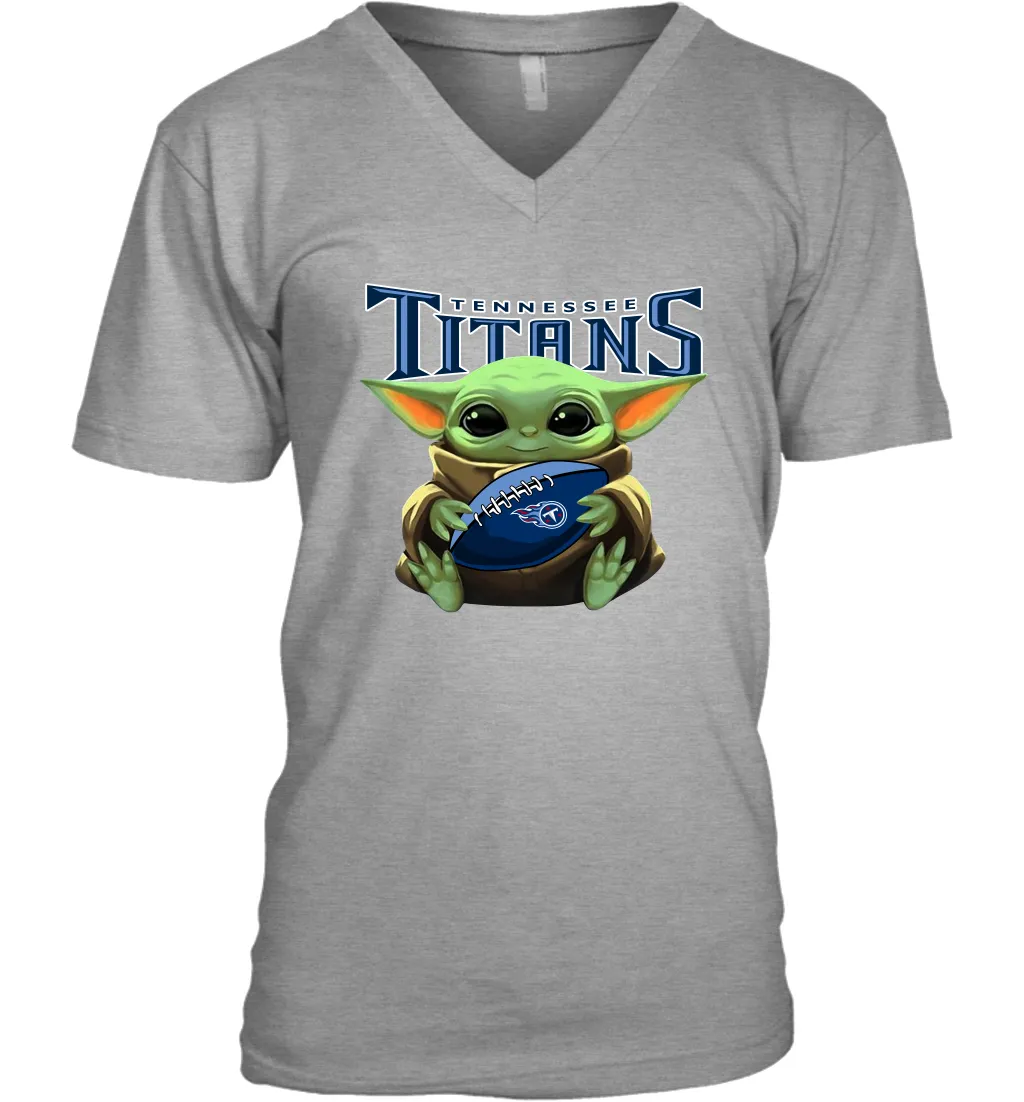 Baby Yoda Loves The Tennessee Titans Star Wars Baby Yoda Hugs Titans NFL Mens V-Neck T-Shirt