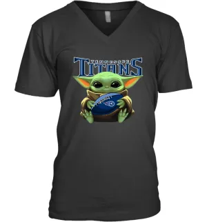 Baby Yoda Loves The Tennessee Titans Star Wars Baby Yoda Hugs Titans NFL Mens V-Neck T-Shirt