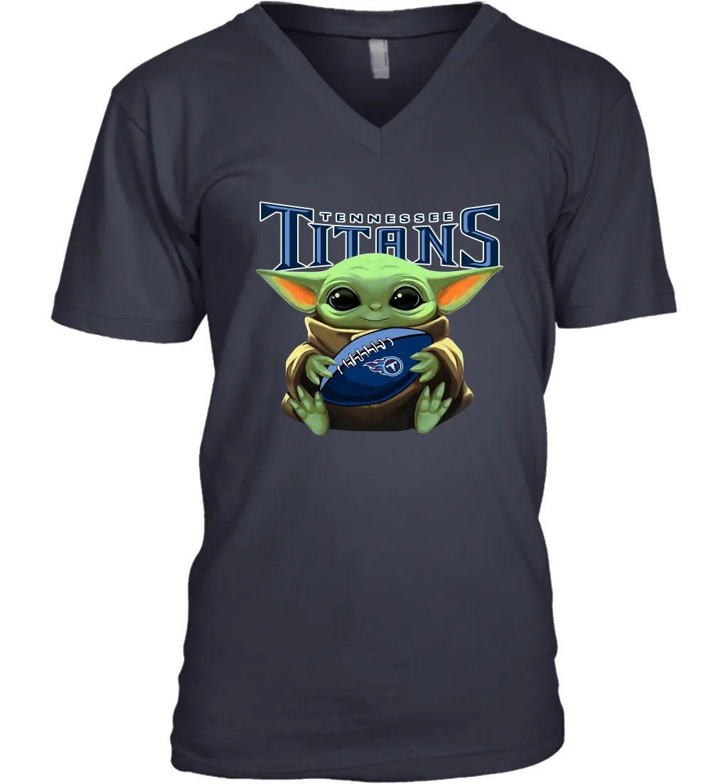 Baby Yoda Loves The Tennessee Titans Star Wars Baby Yoda Hugs Titans NFL Mens V-Neck T-Shirt