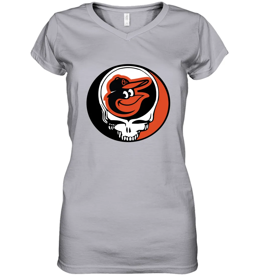 Baltimore Orioles Grateful Dead Steal Your Face Baseball Womens V-Neck T-Shirt