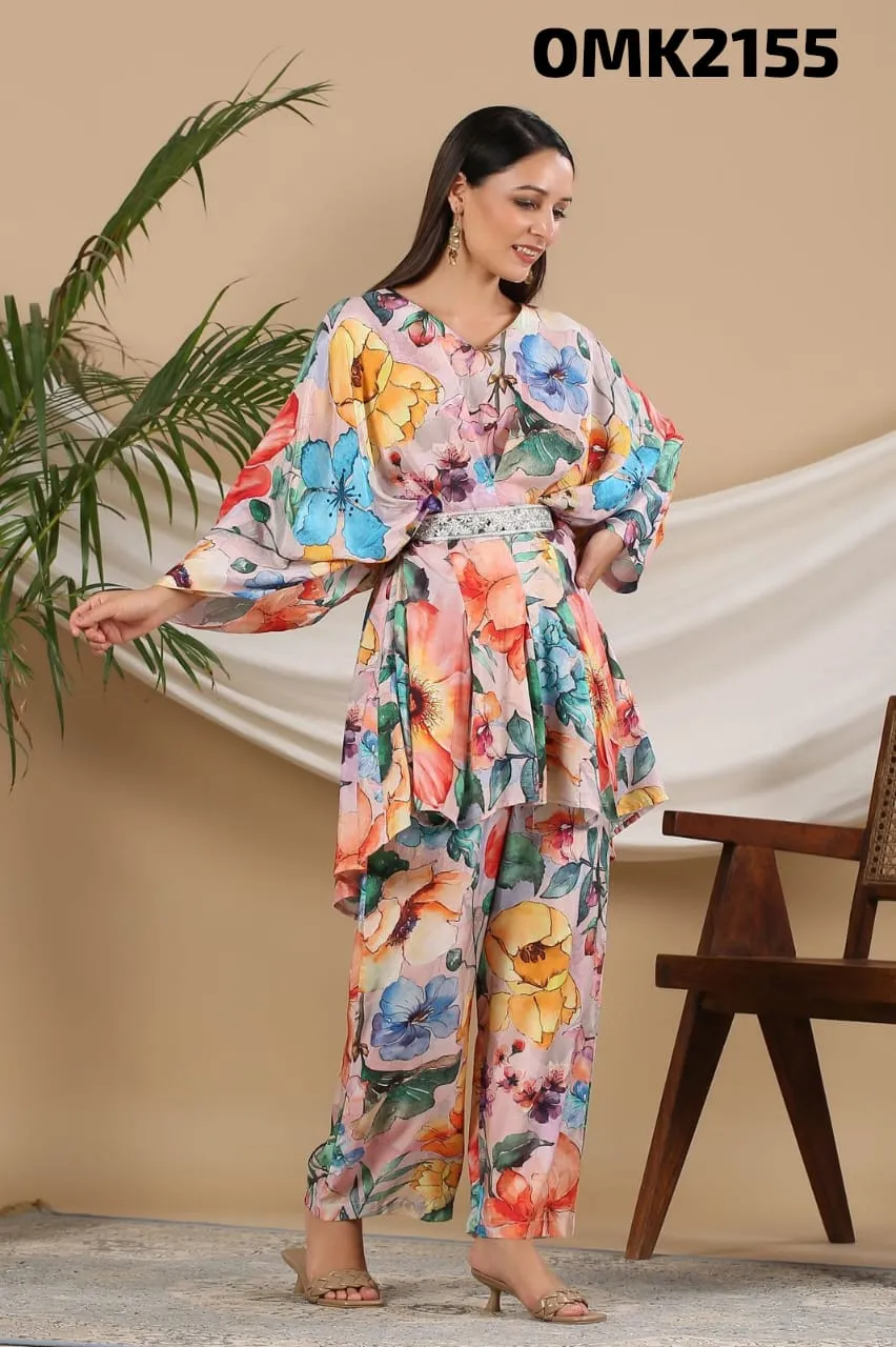 Beautiful Designer Digital Print Pure Muslin Two Piece Co-ord Set With Palazo Style Bottom & Complimentary Belt-FOF001CS