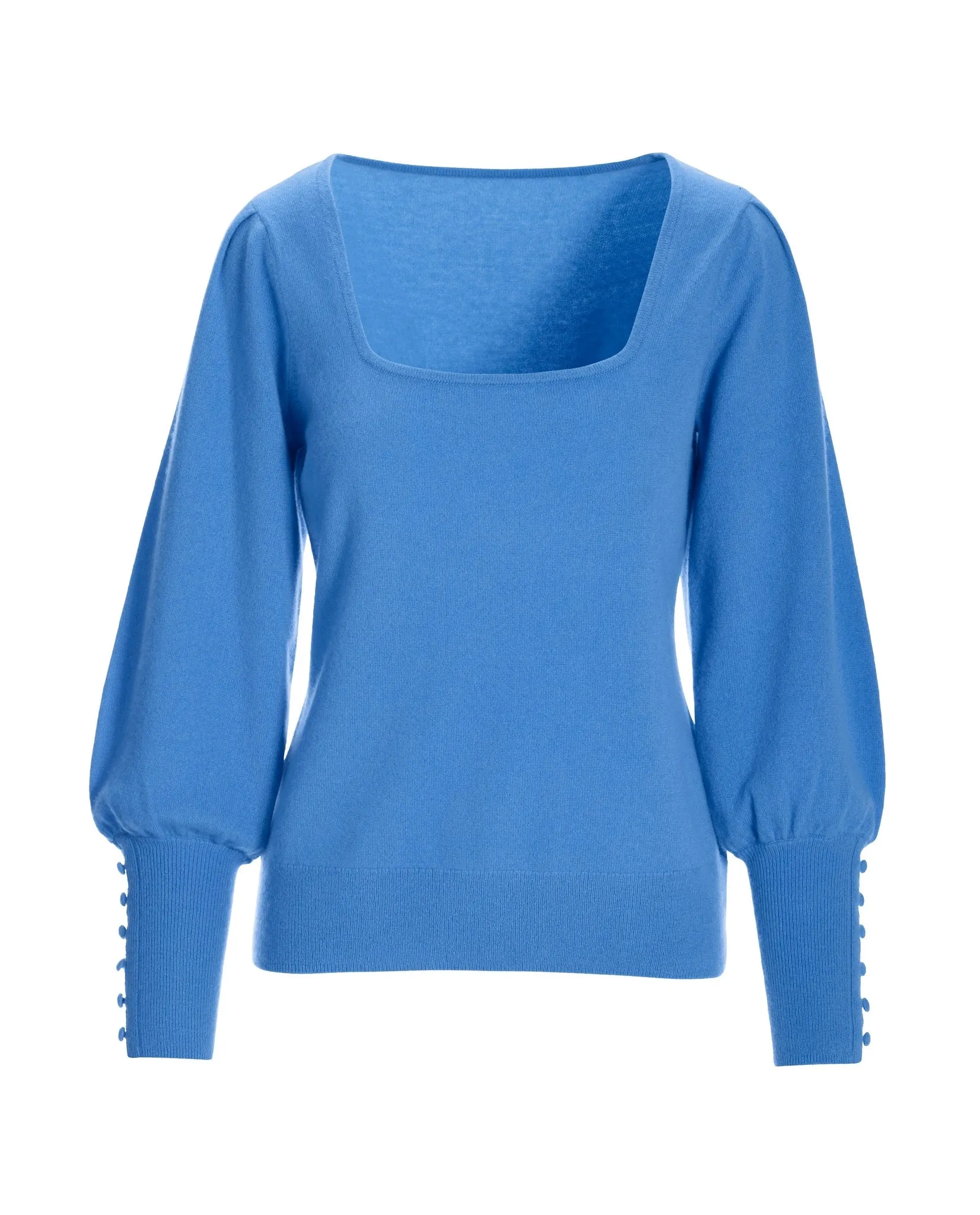 Cashmere Square Neck Button Cuff Sweater Blue