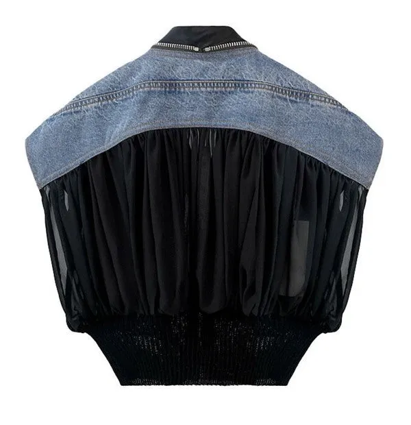 Denim-Chiffon Crop Vest