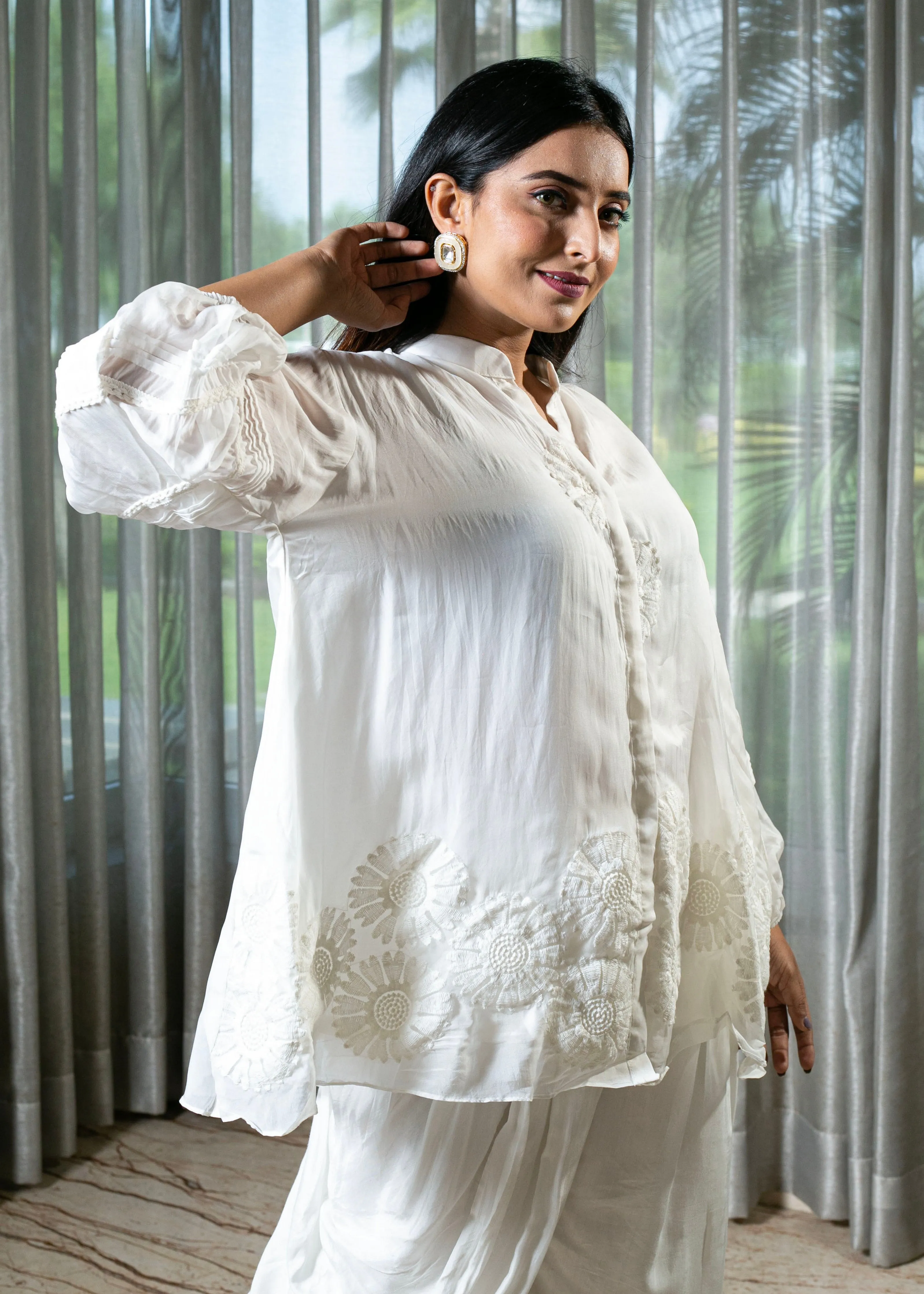 Elegant Organza White Co-ord Set with Intricate Thread Work