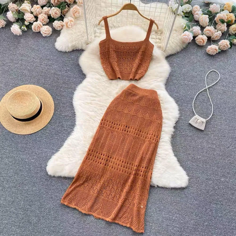 Esme Crochet Coord Set in Brown