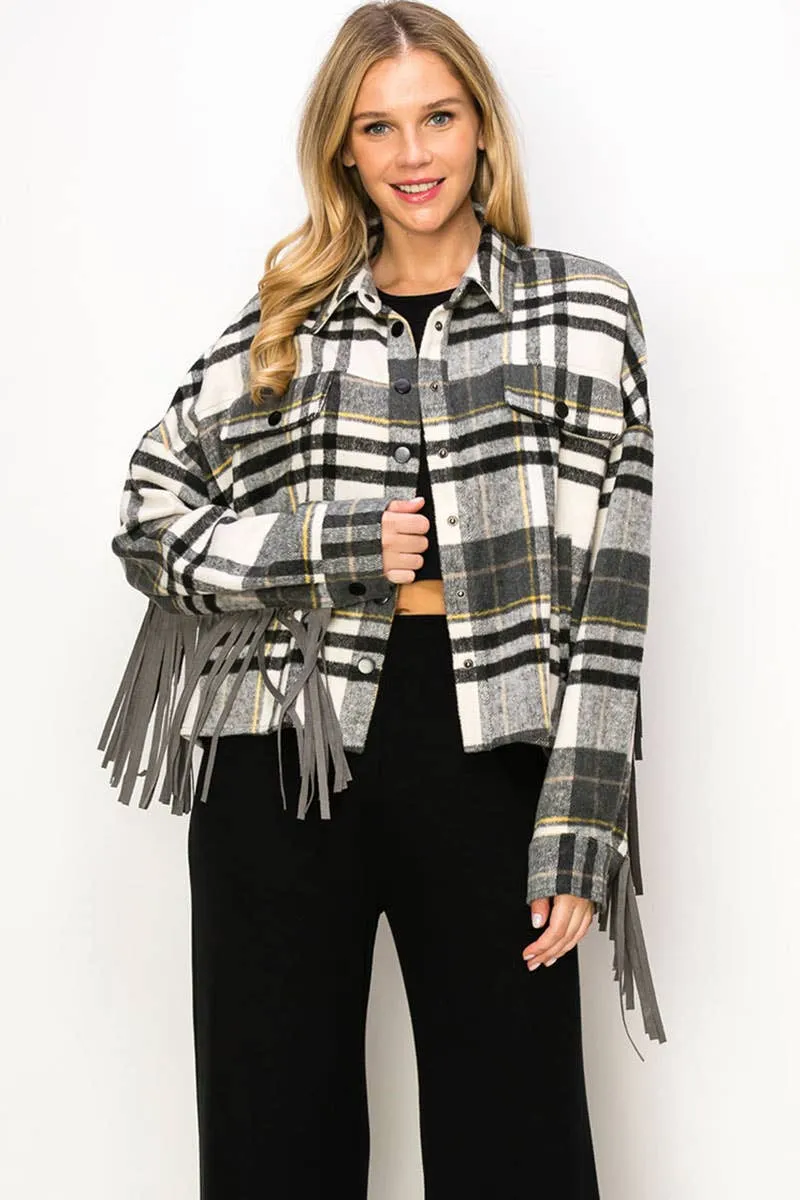 FRINGE BACK PLAID SHIRT JACKETS