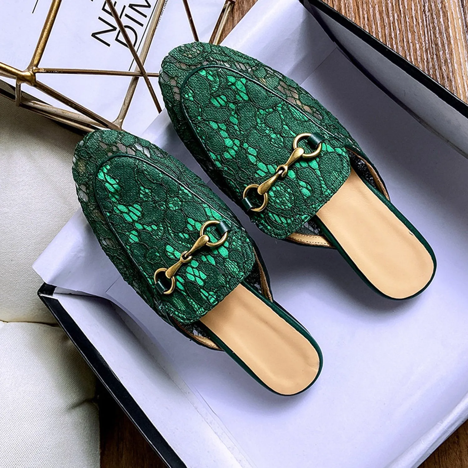 Green Casual Horsebit Mesh Lace Mules