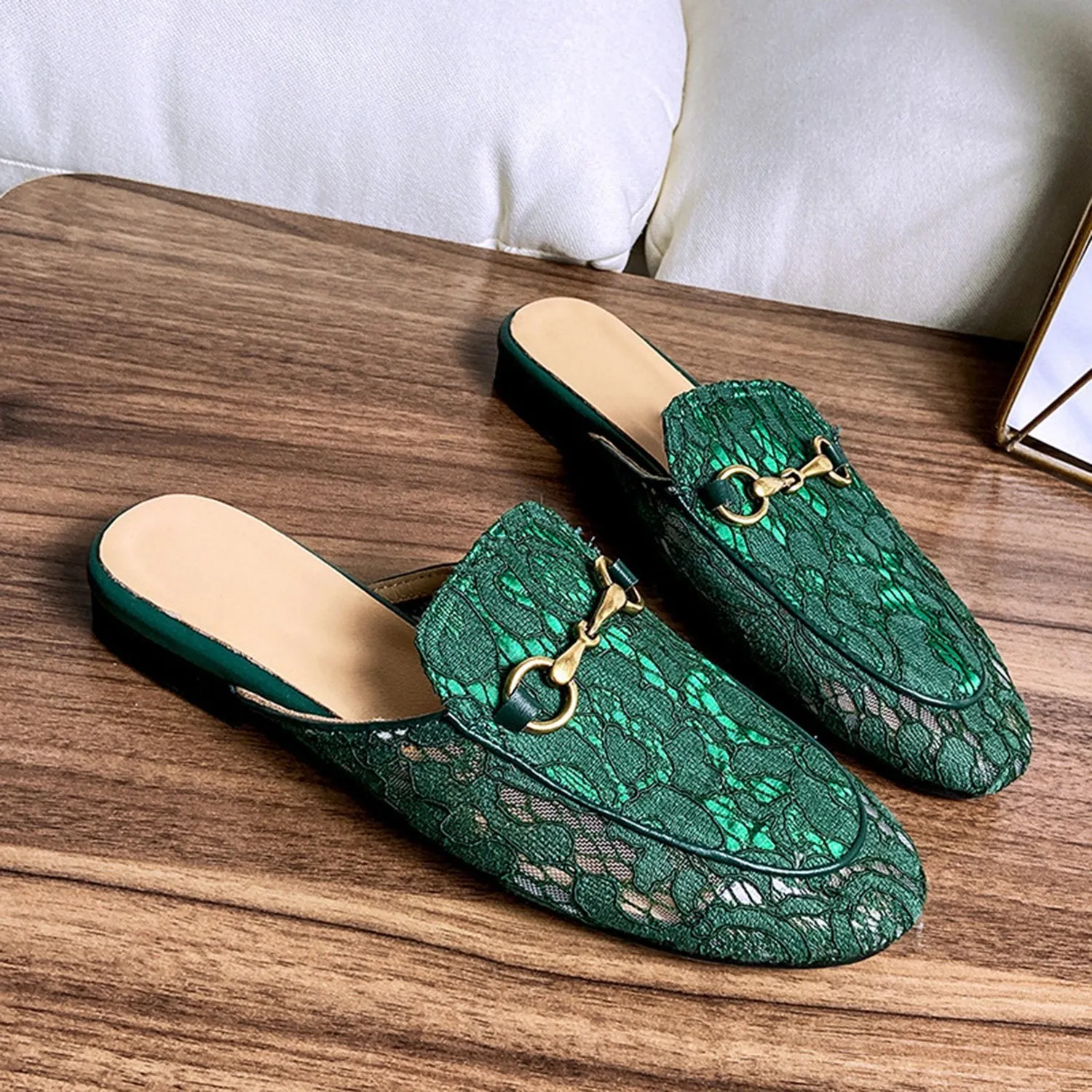 Green Casual Horsebit Mesh Lace Mules