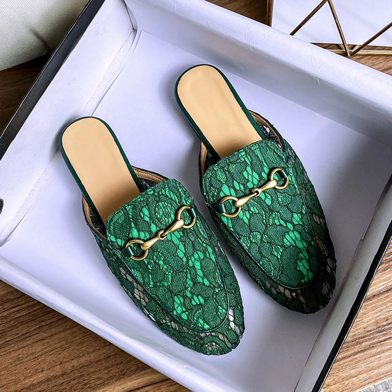 Green Casual Horsebit Mesh Lace Mules