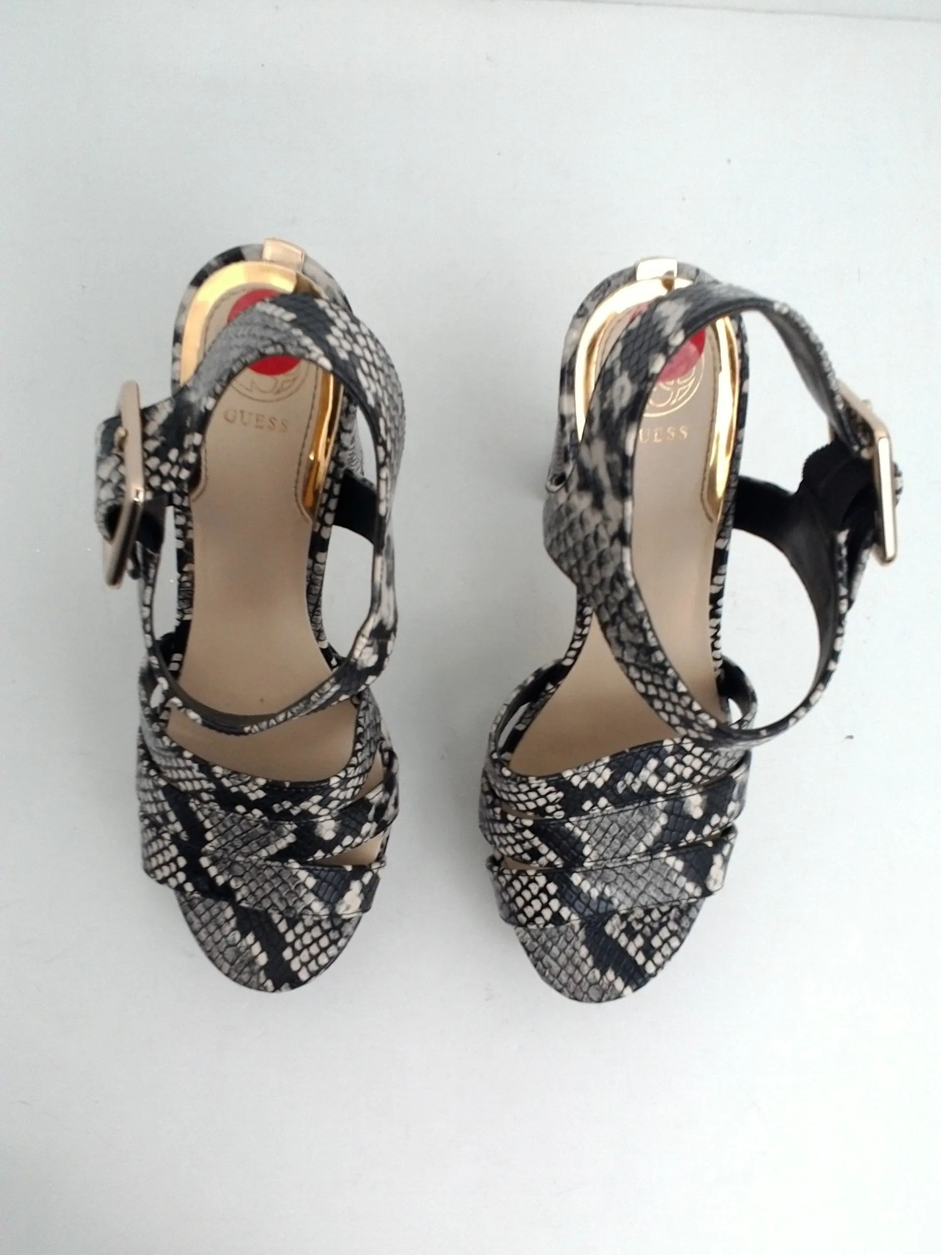 Guess Women's Lyah Grey Snake Print Heeled Platform Sandal Size 6.5 M