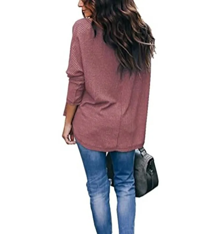 HauteEdition Slouchy Waffle Knit V-Neck Long Sleeve Tee