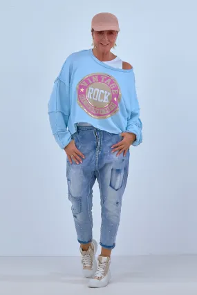 kurzes Sweaty mit Vintage-Druck und außenliegenden Nähten, hellblau