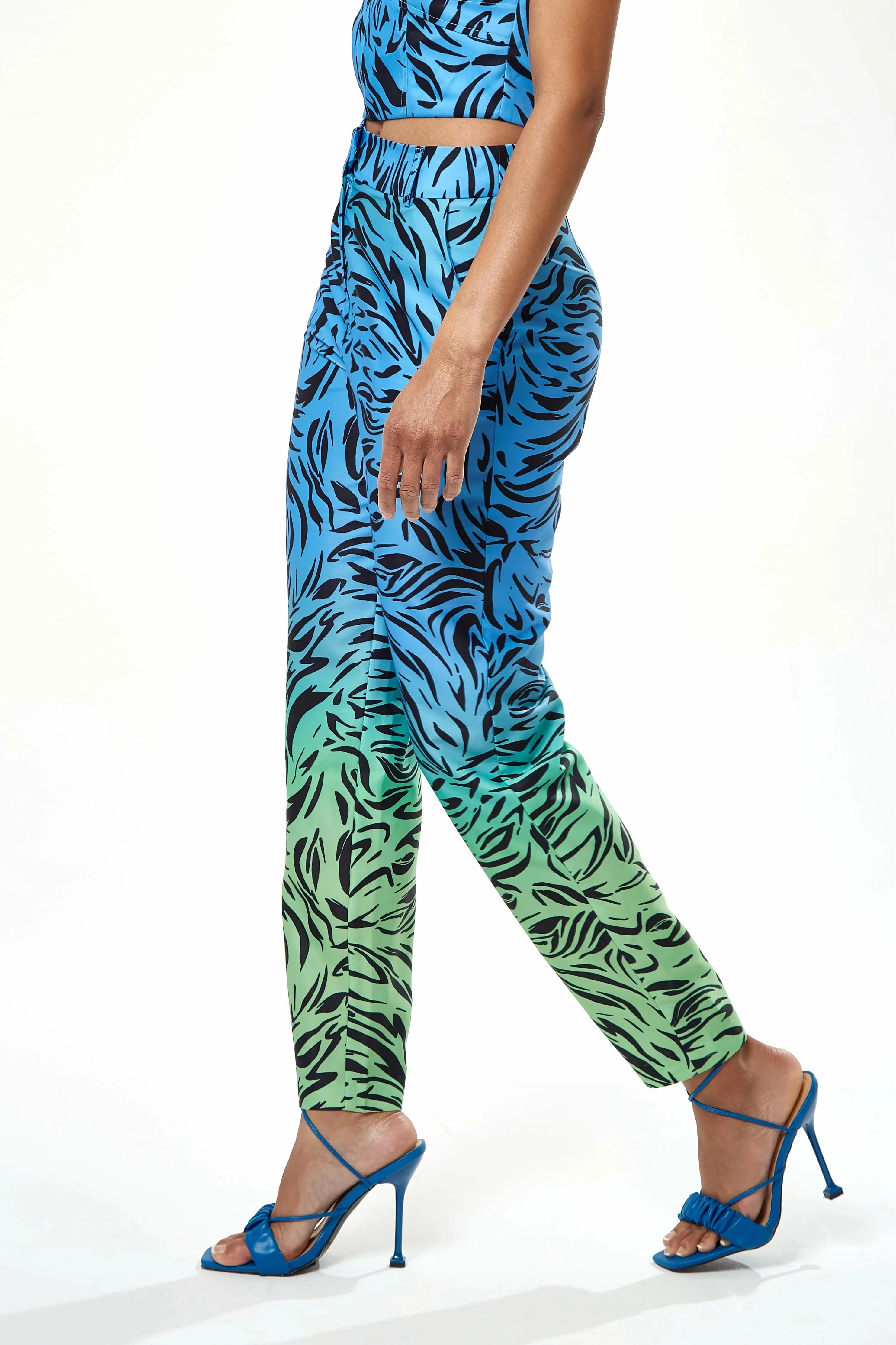 Liquorish Zebra Print Ombre Trosuers In Blue And Green