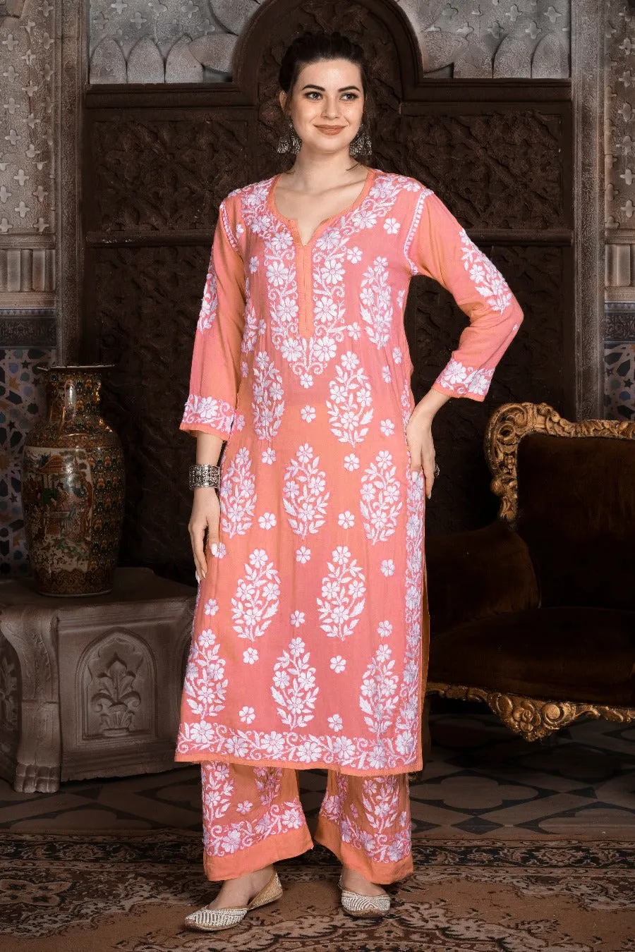 Mohini Peach Chikankari Co-ord Set