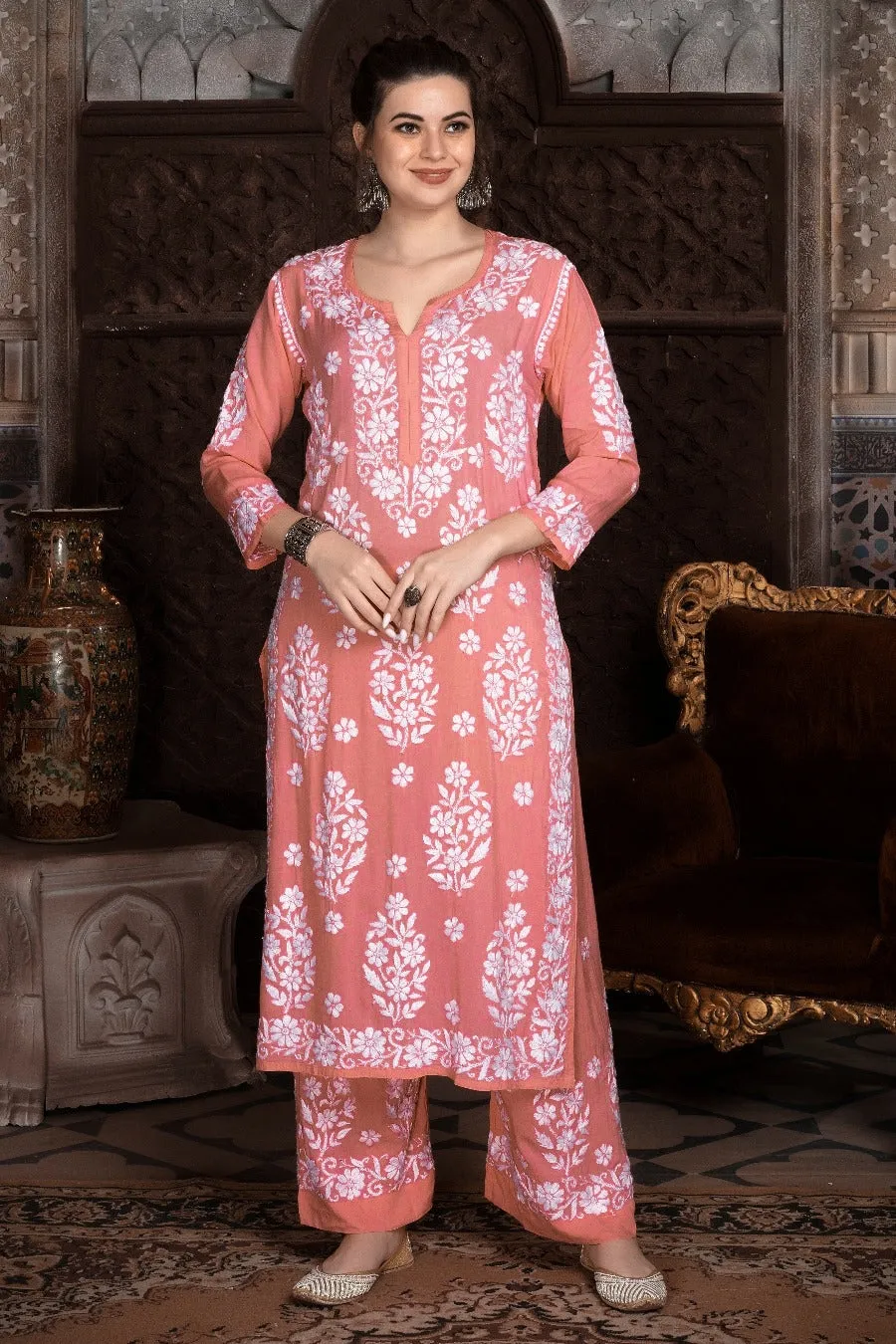 Mohini Peach Chikankari Co-ord Set