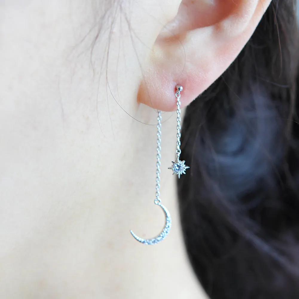 NO.1 Crescent Moon and Star Chain Drop Earrings