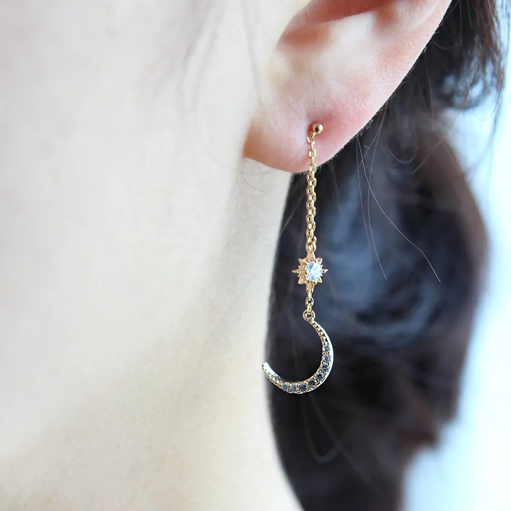 NO.1 Crescent Moon and Star Chain Drop Earrings