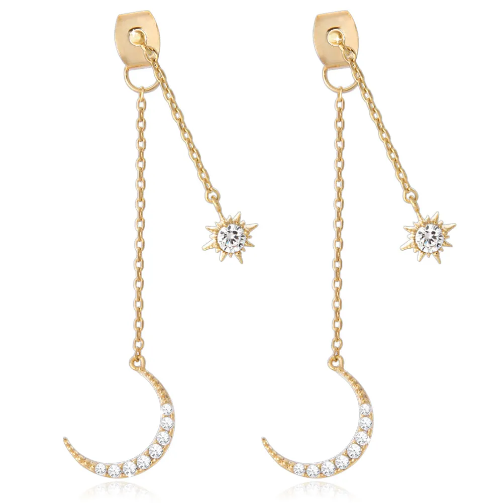 NO.1 Crescent Moon and Star Chain Drop Earrings