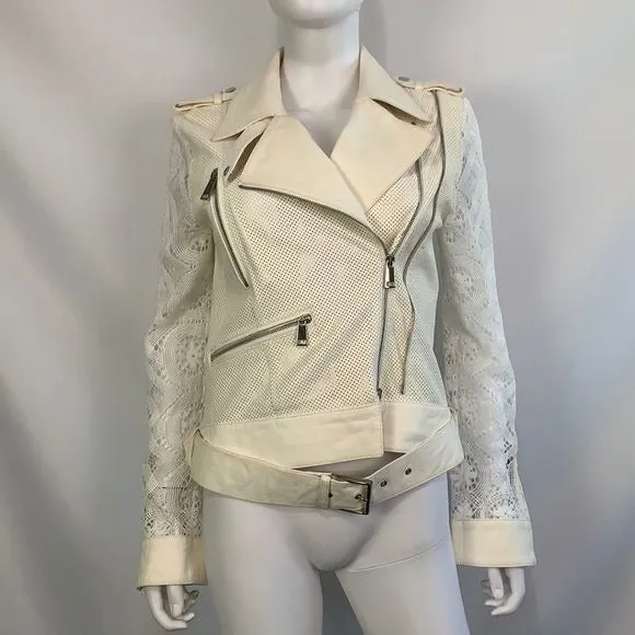 OliviaPalermo NWT white leather and lace moto jacket