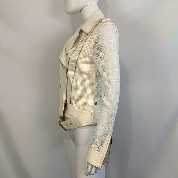 OliviaPalermo NWT white leather and lace moto jacket