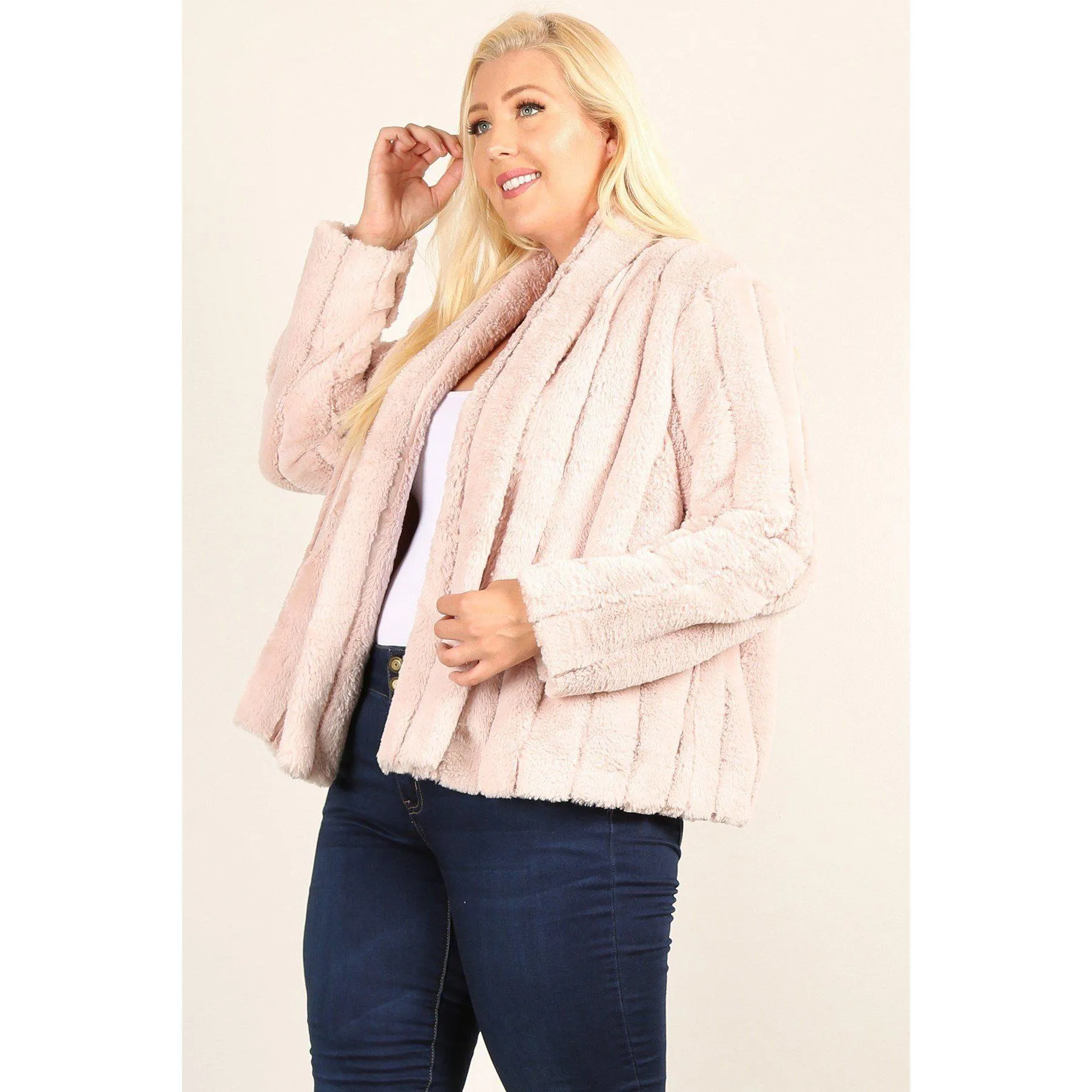 Plus Size Faux Fur Jackets With Open Front And Loose Fit