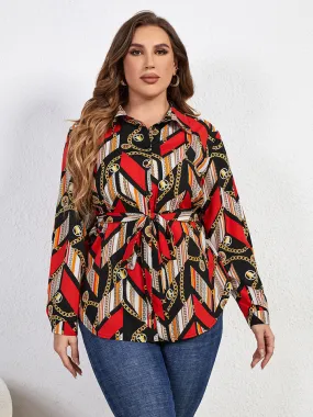 Plus Size Printed Collared Neck Tie Waist Long Sleeve Shirt | Wholesale Curve Women's Clothing