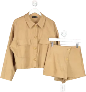 PrettyLittleThing Brown Pocket Detail Cropped Shirt & Skort Co-ord UK 8