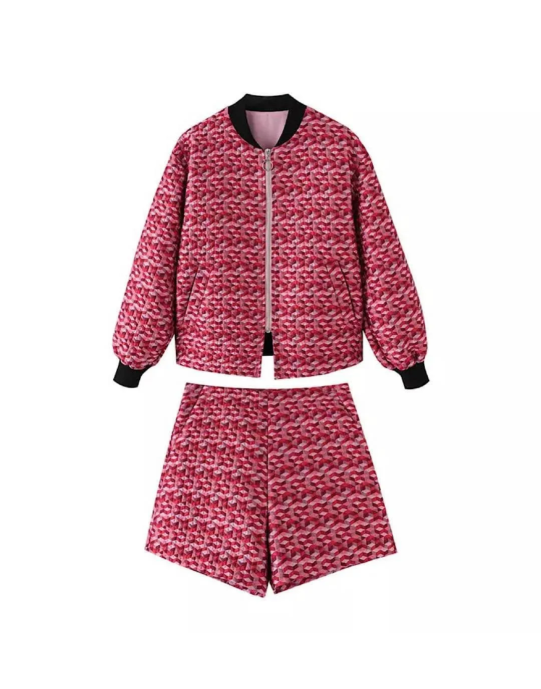 Red Pattern Jacket And Shorts Set