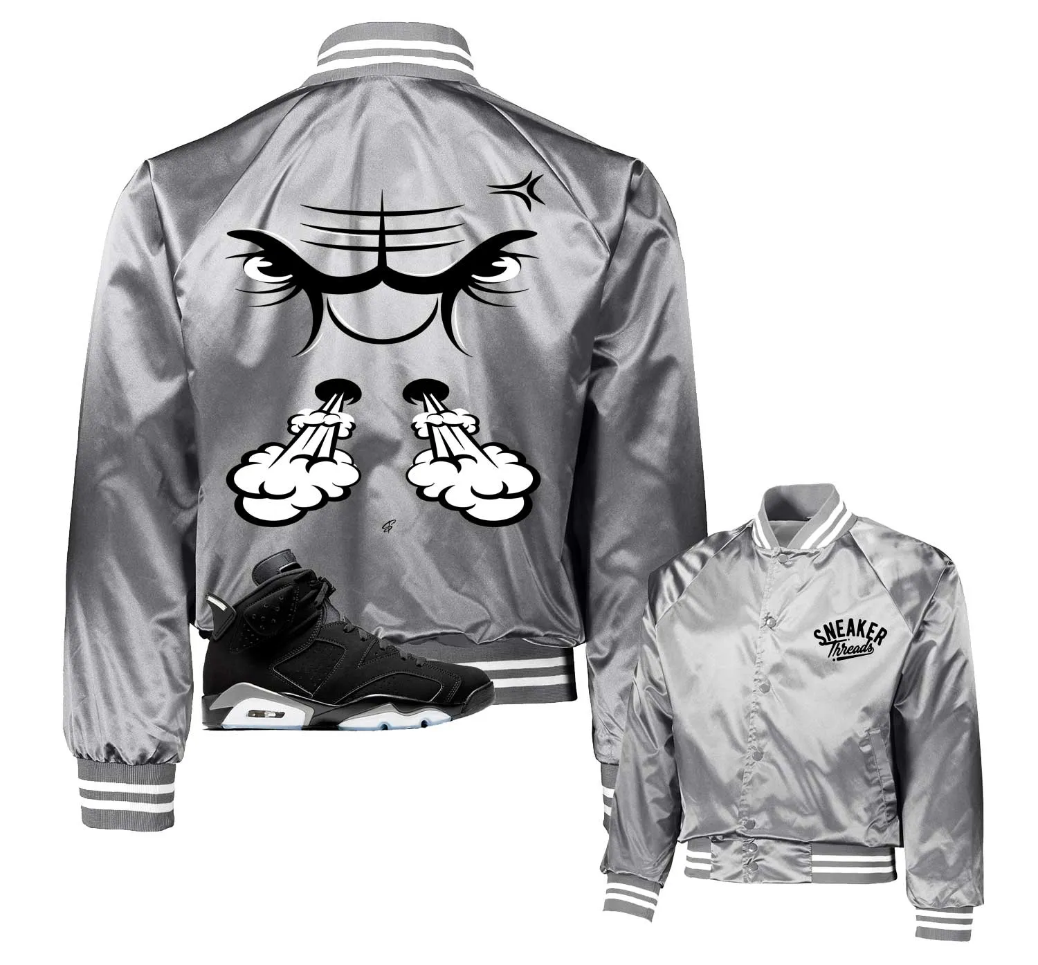 Retro 6 Metallic Silver Satin Jacket - Raging Face - Silver